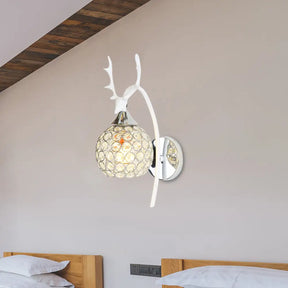 Lodge Style Metal Deer Head Wall Sconce: 1/2-Bulb Mount Light With Crystal Dome Shade In Chrome/Gold