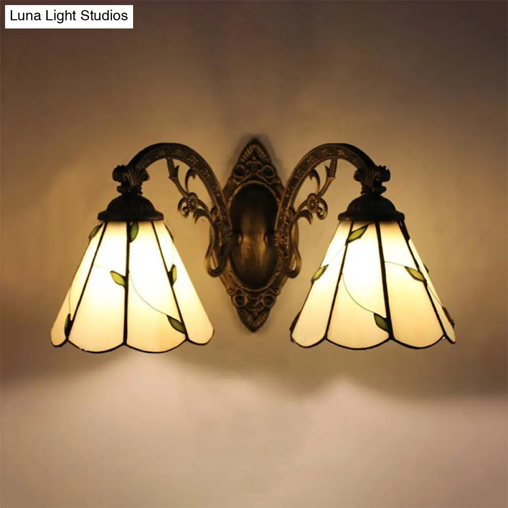 Lodge Style Stained Glass Leaf Wall Lamp - 2 Lights Beige Curved Arm & Mount