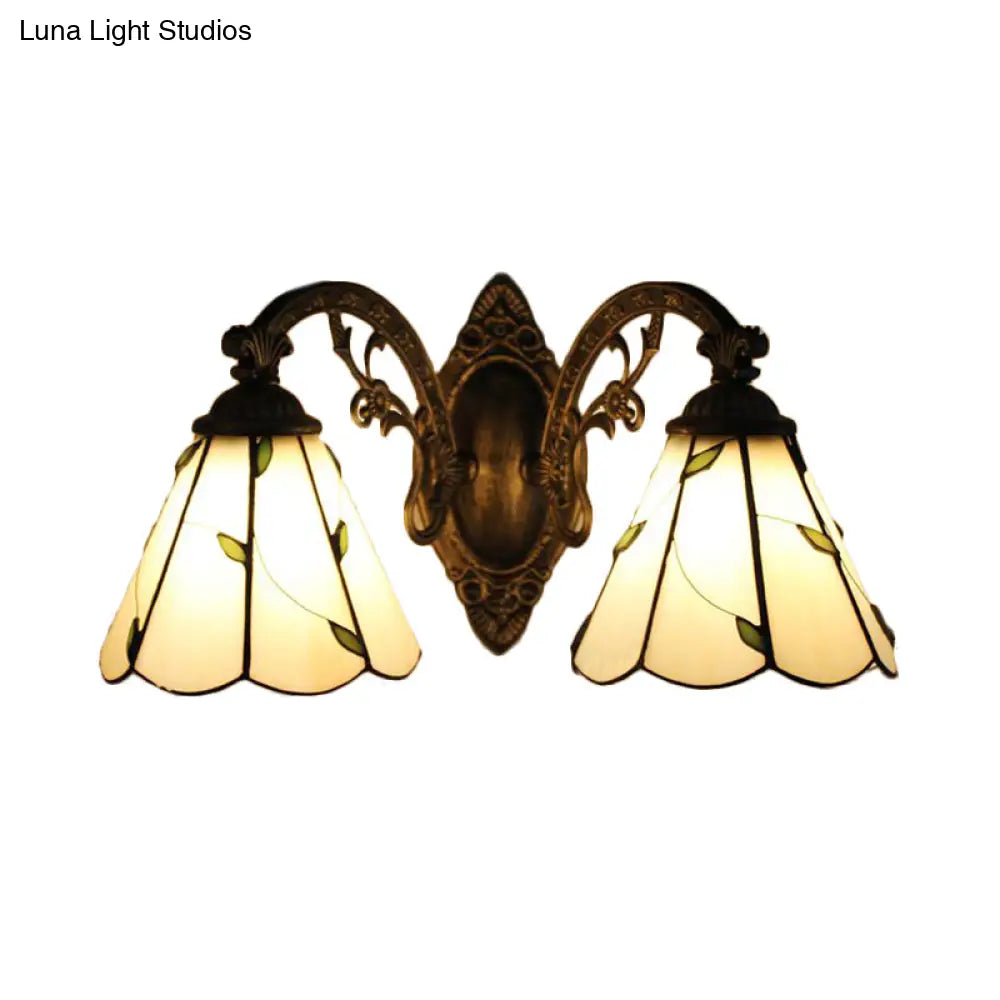 Lodge Style Stained Glass Leaf Wall Lamp - 2 Lights Beige Curved Arm & Mount