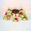 Lodge Style Stained Glass Rose Semi Flushmount With 5 Heads For Living Room - Clear/White Flush