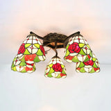 Lodge Style Stained Glass Rose Semi Flushmount With 5 Heads For Living Room - Clear/White Flush