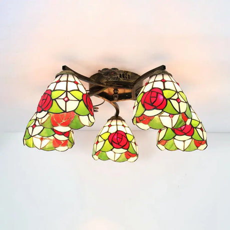 Lodge Style Stained Glass Rose Semi Flushmount With 5 Heads For Living Room - Clear/White Flush