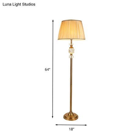 Lodge Tapered Standing Lamp: Beige Fabric Floor Light With Crystal Accent - Ideal For Living Room