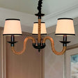 Loft Style Beige Pendant Light With Rope Detail - 3-Light Conic Shade Fabric Ceiling Fixture
