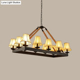 Loft Style Black Fabric Island Lamp With 12 Lights Rope Pendant And Iron Rectangle Frame - Ideal For