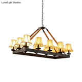 Loft Style Black Fabric Island Lamp With 12 Lights Rope Pendant And Iron Rectangle Frame - Ideal For