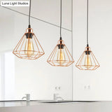 Loft Style Copper Diamond Caged Pendant Lamp - 3 Lights Black Finish
