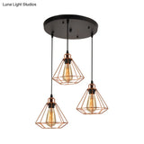 Loft Style Copper Diamond Caged Pendant Lamp - 3 Lights Black Finish