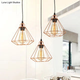 Loft Style Copper Diamond Caged Pendant Lamp - 3 Lights Black Finish