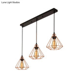 Loft Style Copper Diamond Caged Pendant Lamp - 3 Lights Black Finish