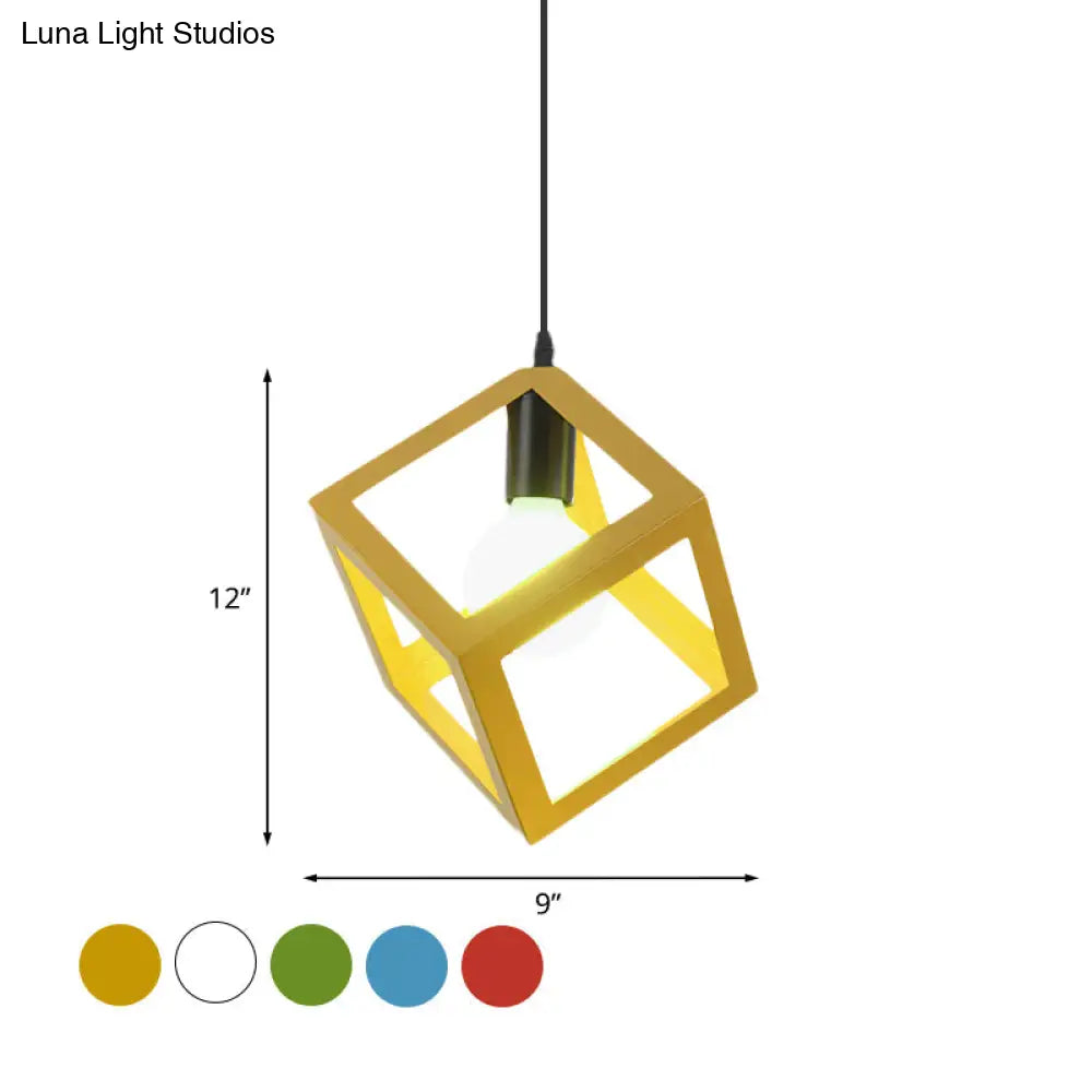 Loft Style Cubic Cage Pendant Light With Colorful Shades For Dining Room