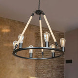 Loft Style Iron Chandelier With 6 Bare Bulb Heads And Rope Cord Black