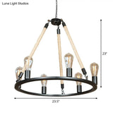 Loft Style Iron Chandelier With 6 Bare Bulb Heads And Rope Cord