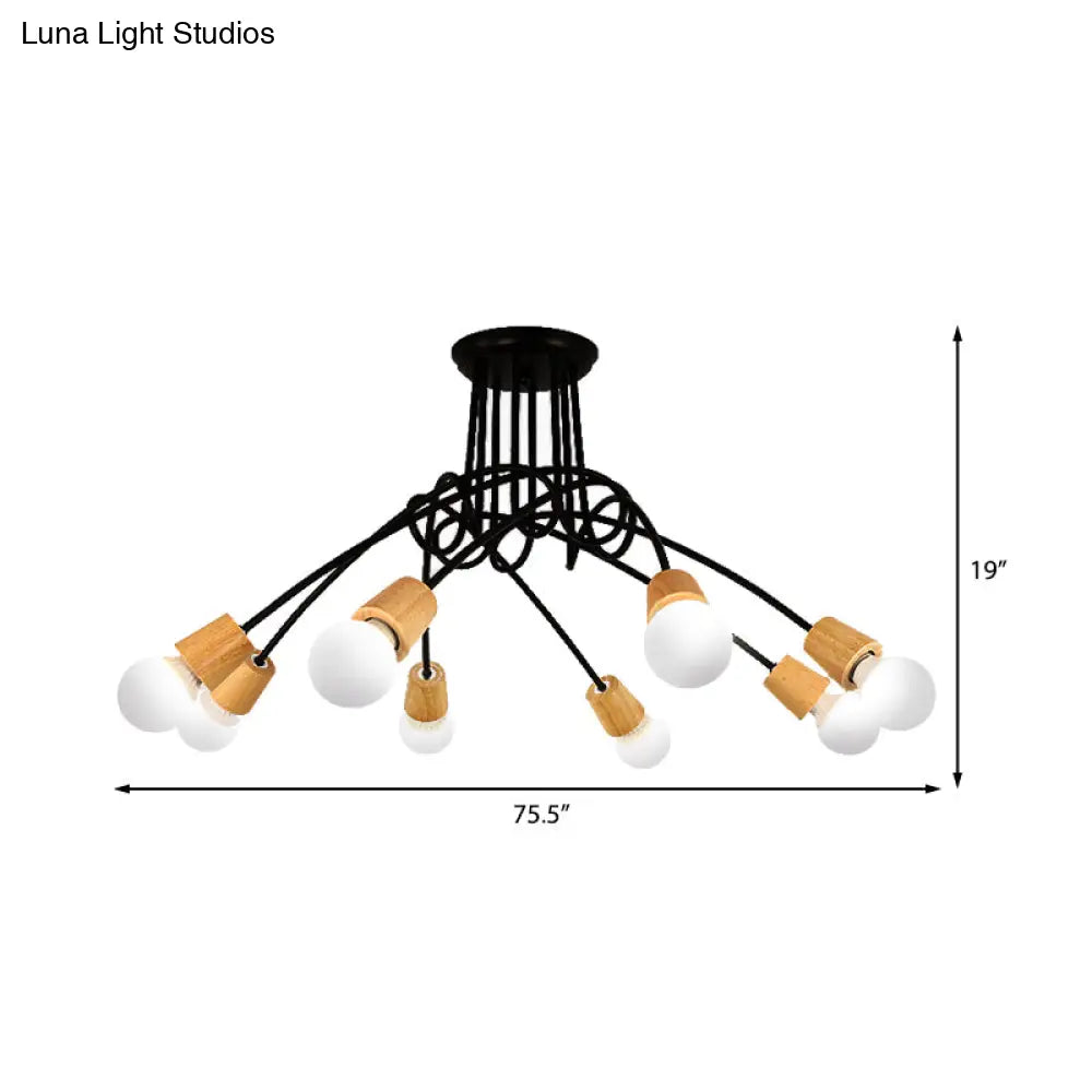 Loft Style Metal Ceiling Light With Open Bulb & Twisted Arm – 3/5 Lights Wood Accent Perfect For