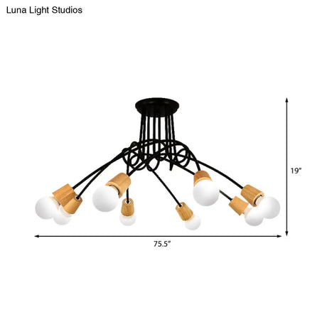 Loft Style Metal Ceiling Light With Open Bulb & Twisted Arm – 3/5 Lights Wood Accent Perfect For