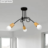 Loft Style Metal Ceiling Light With Open Bulb & Twisted Arm – 3/5 Lights Wood Accent Perfect For