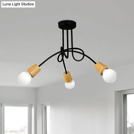 Loft Style Metal Ceiling Light With Open Bulb & Twisted Arm – 3/5 Lights Wood Accent Perfect For