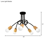 Loft Style Metal Ceiling Light With Open Bulb & Twisted Arm – 3/5 Lights Wood Accent Perfect For