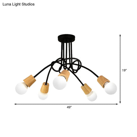 Loft Style Metal Ceiling Light With Open Bulb & Twisted Arm – 3/5 Lights Wood Accent Perfect For