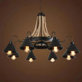 Loft Style Rope Chandelier With Cone Metal Shade - Brown Pendant Light 6/8 Heads 8 /
