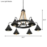 Loft Style Rope Chandelier With Cone Metal Shade - Brown Pendant Light 6/8 Heads
