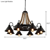Loft Style Rope Chandelier With Cone Metal Shade - Brown Pendant Light 6/8 Heads