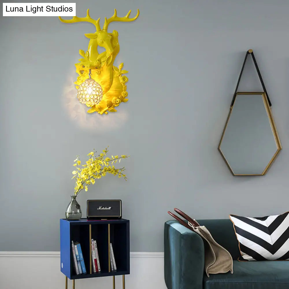 Loft Style Wall Mounted Sconce With Clear Crystal Shade Blue/Gold Finish And Deer Head Accent