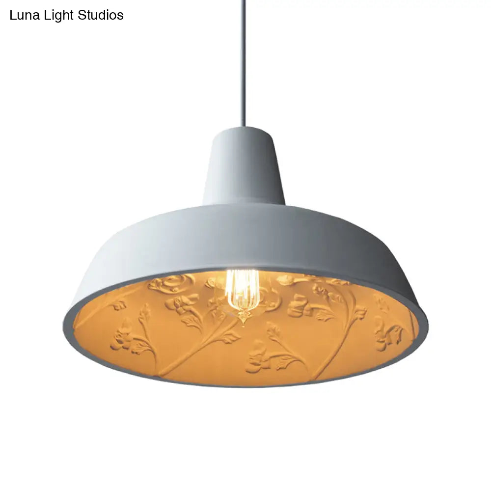 Loft Style White Iron Barn Shade Pendant Lamp With Inner Etched Rose Design - Hanging Ceiling Light