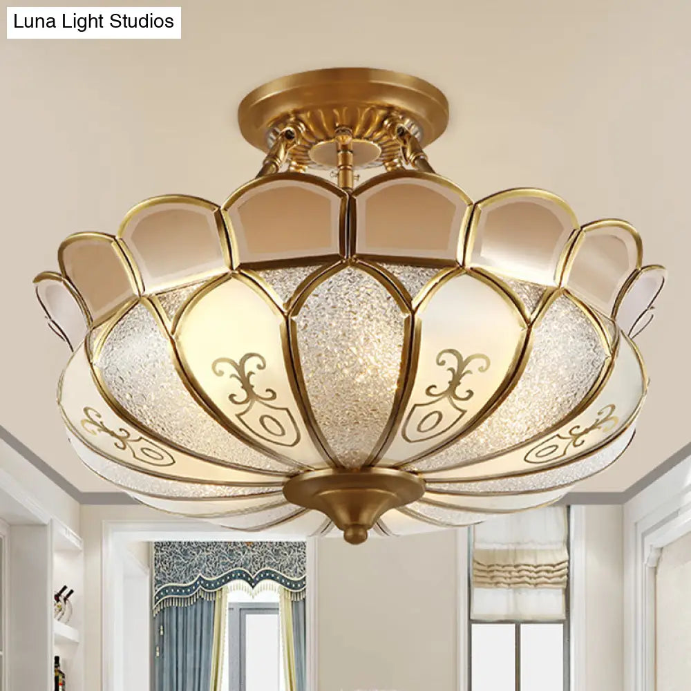 Lotus 4/5 Light Colonial Flush Mount With Frosted Glass - Gold Finishing