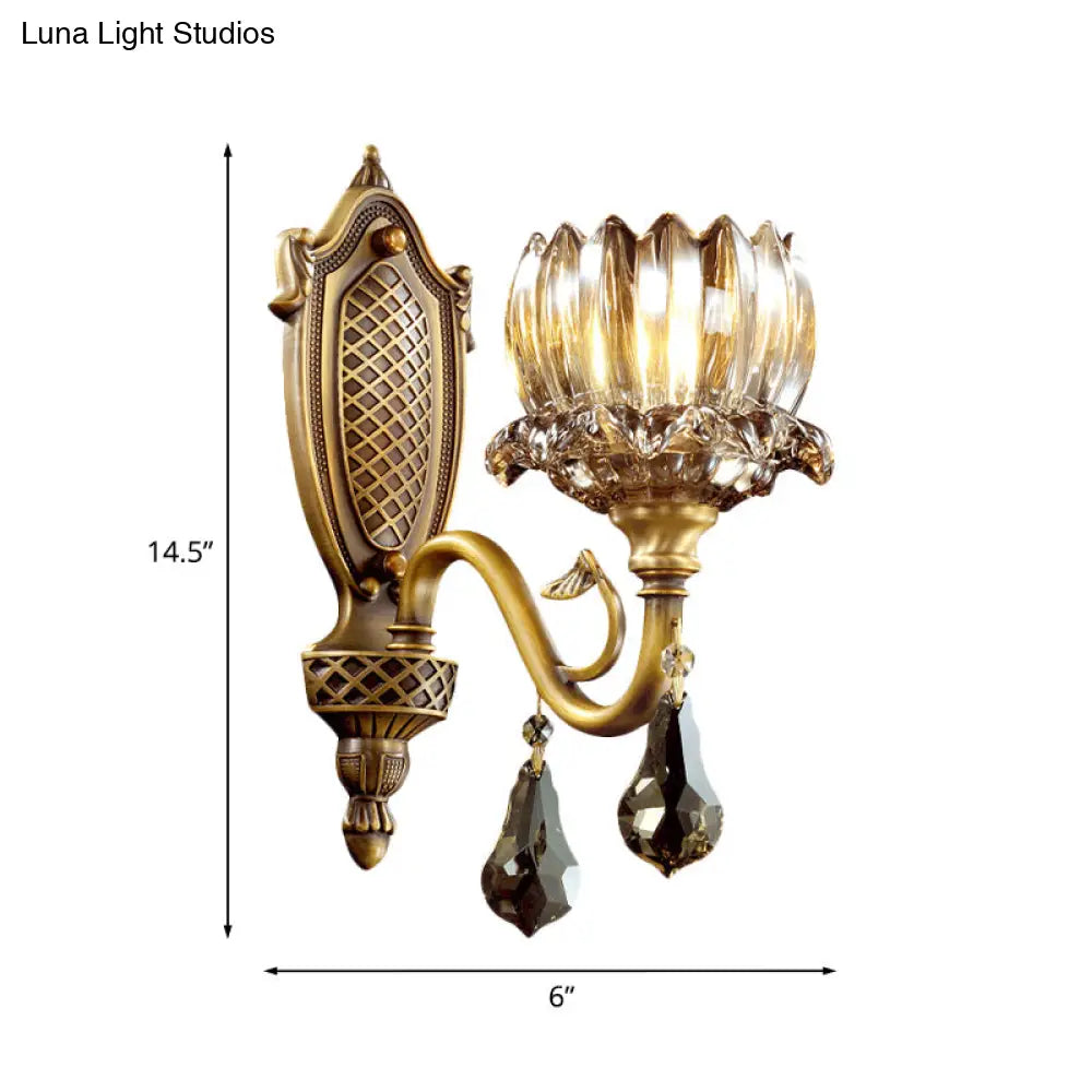 Lotus Amber Glass Wall Sconce: Antique Brass 1-Head Living Room Light With Crystal Pendalogues