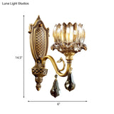 Lotus Amber Glass Wall Sconce: Antique Brass 1-Head Living Room Light With Crystal Pendalogues