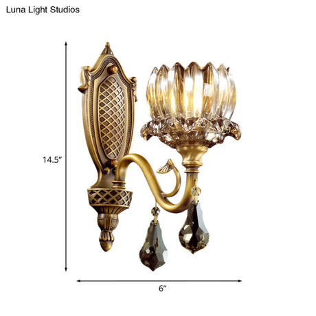 Lotus Amber Glass Wall Sconce: Antique Brass 1-Head Living Room Light With Crystal Pendalogues