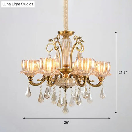 Lotus Carved Crystal Antique Gold Hanging Chandelier For Dining Room Ceiling