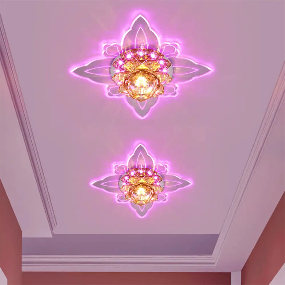 Lotus Clear Crystal Led Flush Mount: Modern Style Close To Ceiling Lighting For Corridors