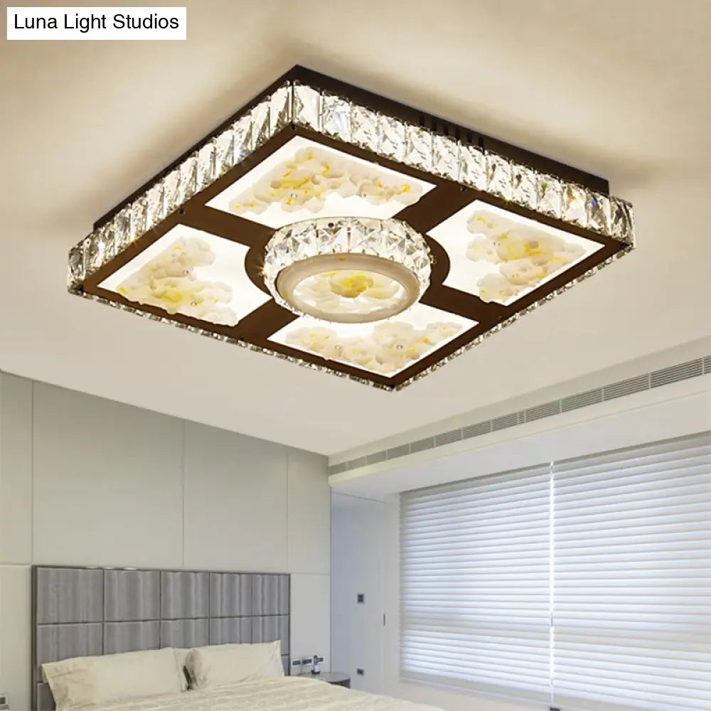 Lotus Design Led Flush Mount Ceiling Light With Cut Crystal Square In Chrome