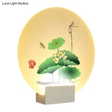 Lotus Leaf & Dragonfly Pattern Led Wall Light -Asia Style Circular Acrylic Mural In White