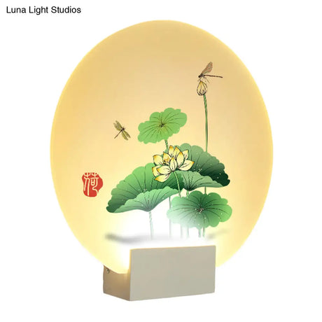 Lotus Leaf & Dragonfly Pattern Led Wall Light -Asia Style Circular Acrylic Mural In White