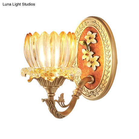 Lotus Ribbed Glass Wall Light Kit - Antique 1/2-Light Living Room Sconce In Gold