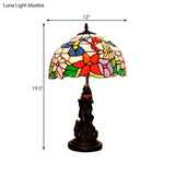 Louise - Tiffany Magpie/Flower Patterned Dome Night Lamp White/Beige Stained Glass 1 Head Bronze