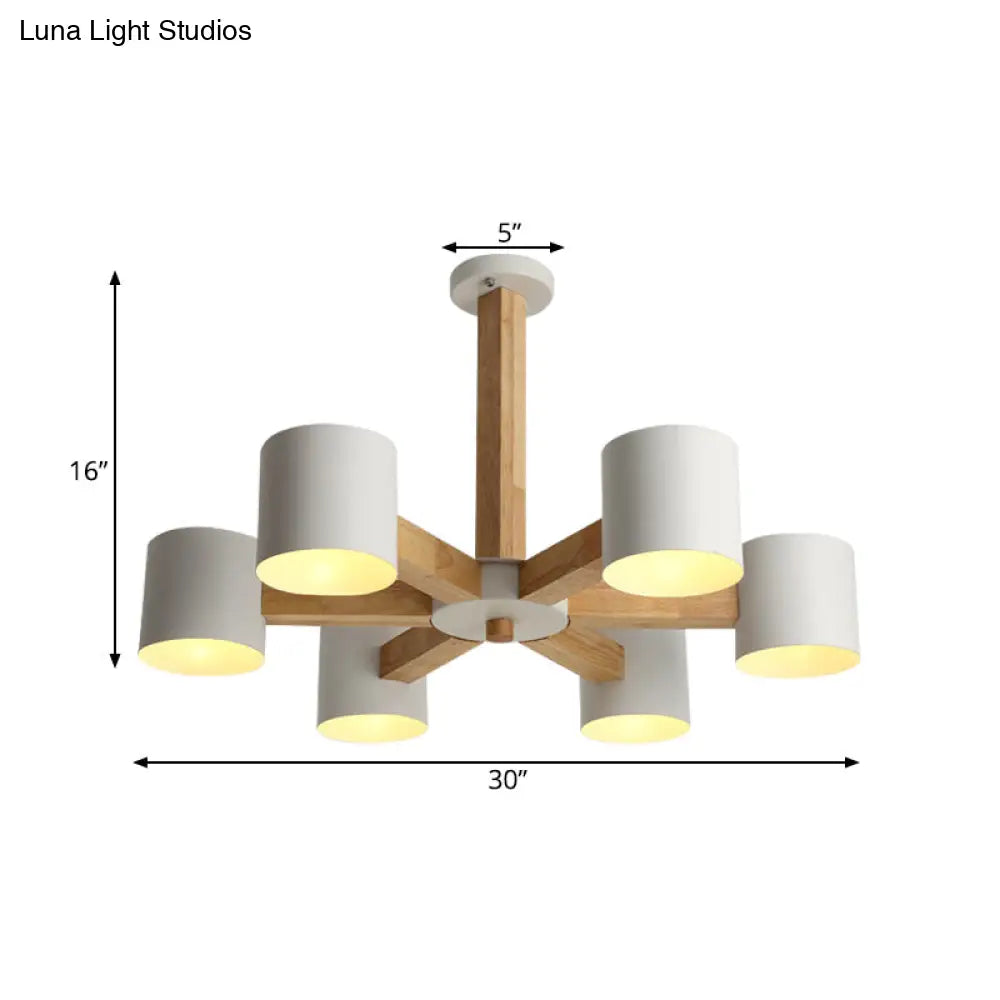Lounge Ceiling Lamp: Cylindrical Metal Chandelier With 6 Nordic - Style Semi Flush Mount Heads In