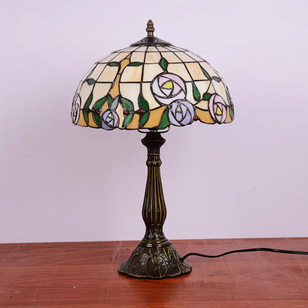 Ludovica - Tiffany Bronze Table Lamp with Rose Patterned Grid Stained Glass Shade Bronze