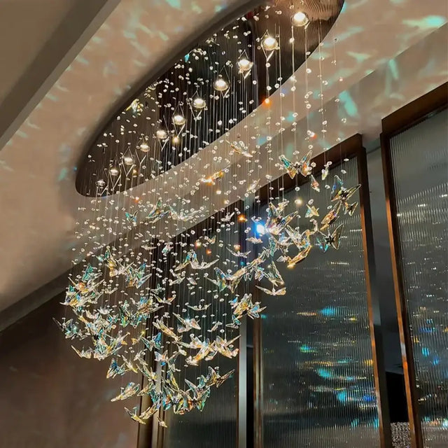 Luxury Crystal Smart LED Chandelier Brushed Steel Finish for Hotels Villas and Highend Establishments Ellipse
