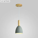 Macaron 1-Head Pendant Light: Metallic Bell Hanging With Wooden Handle