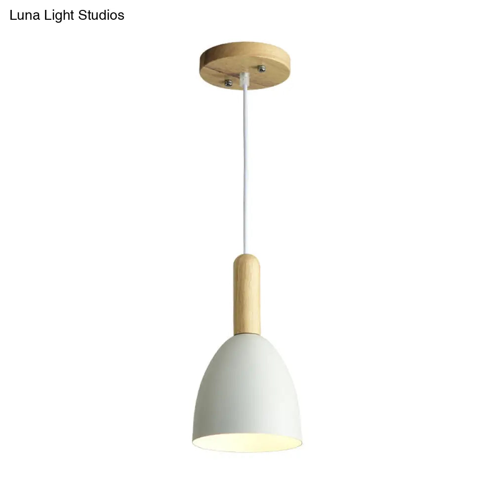 Macaron 1-Head Pendant Light: Metallic Bell Hanging With Wooden Handle