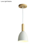 Macaron 1-Head Pendant Light: Metallic Bell Hanging With Wooden Handle