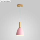 Macaron 1-Head Pendant Light: Metallic Bell Hanging With Wooden Handle