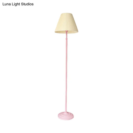 Macaron 1-Light Straight Rod Iron Floor Lamp In Pink/Green With Pleated Pink/Yellow Shade
