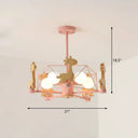 Macaron Cage Pendant Light - Metal 4-Head Chandelier For Bedroom With Wooden Giraffe Deco Pink