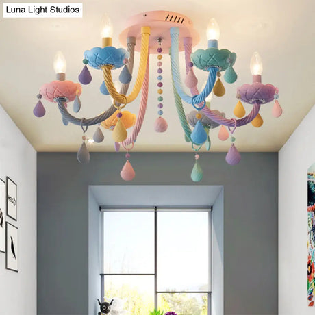 Macaron Candelabra Semi - Flush Mount Ceiling Light With 5/6 Metal Lights In Blue - Pink - Yellow