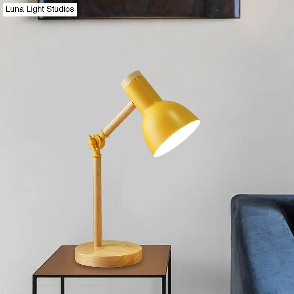 Macaron Dome Table Lamp: Metal Reading Light For Study Room With Rotatable Wood Arm -